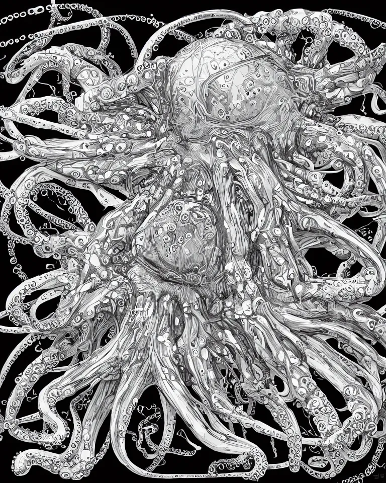 Prompt: a detailed scientific anatomical illustration of an alien cybernetic octopus made of eurorack synthesizers