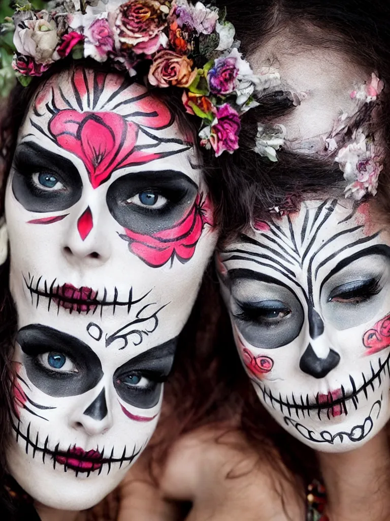 Image similar to a beautiful woman wearing day of the dead make - up, in the style of street art