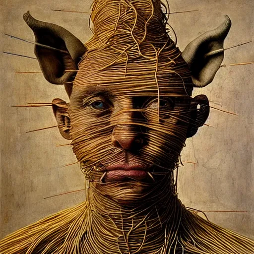 Image similar to half boy half rhino made of spaghetti, by giuseppe arcimboldo and ambrosius benson, renaissance, intricate and wet oil paint, a touch of beksinski, realistic