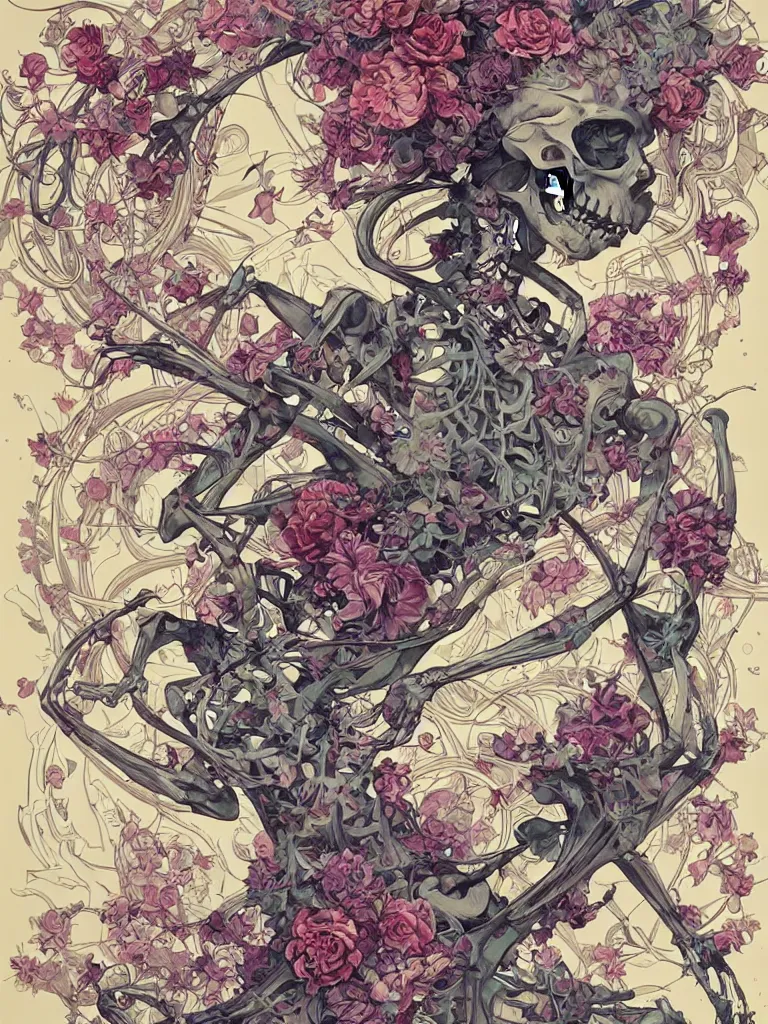 Image similar to a skeleton covered in flowers in a dynamic pose, art nouveau, james jean, peter mohrbacher, highly detailed, vivid lighting,