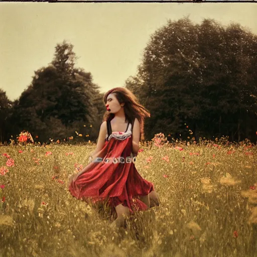 Prompt: pinhole lens photograph of a beautiful female teen with red lipstick wearing and long brown hair wearing a floral sleeveless strappy sundress holding a suitcase while running through a field of grass and flowers at dusk, hyper realistic, insanely detailed, hdr, tintype, deckle edge, motion blur, long exposure, by francesca woodman