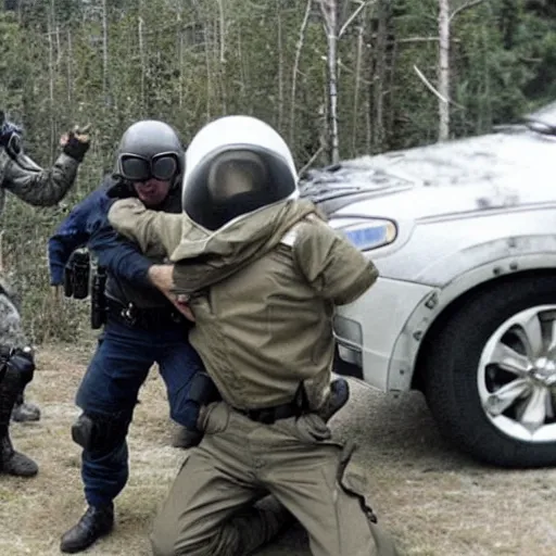 Prompt: a grey alien being arrested by russian special forces