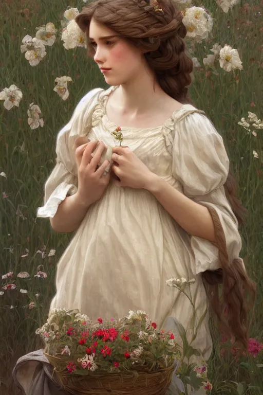 Image similar to beautiful cottagecore young peasant maiden, innocent, intricate, elegant, highly detailed, digital painting, artstation, concept art, smooth, sharp focus, illustration, art by artgerm and greg rutkowski and alphonse mucha