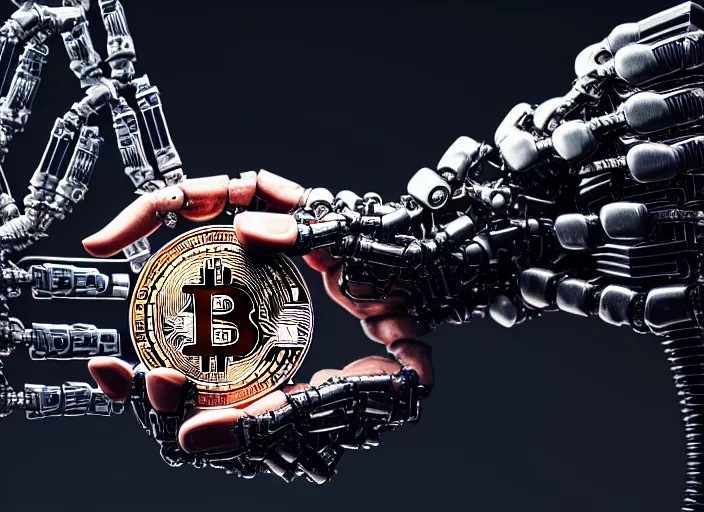 Prompt: mechanical terminator hand holding a bitcoin between two fingers. centered. horror cyberpunk dystopia style. highly detailed 8 k. intricate. nikon d 8 5 0 3 5 mm. award winning photography.