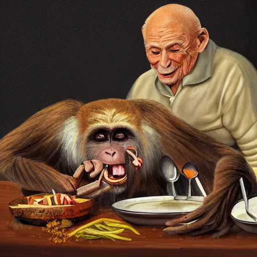 Image similar to digital art painting of a dissected monkey being eaten for dinner by an elderly man