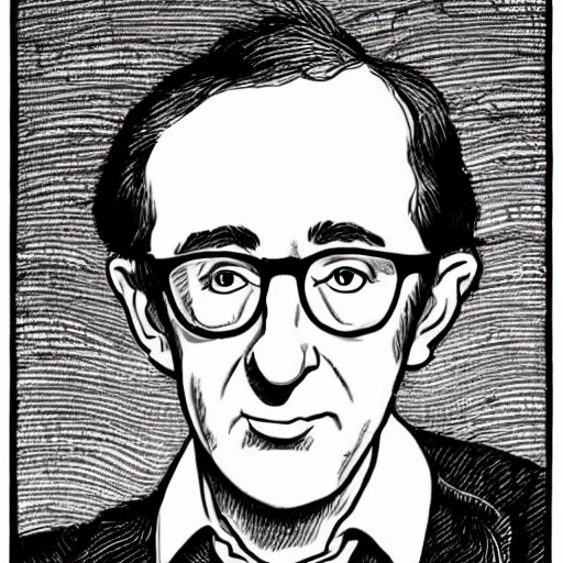 Image similar to a portrait illustration of Woody Allen drawn by ROBERT CRUMB