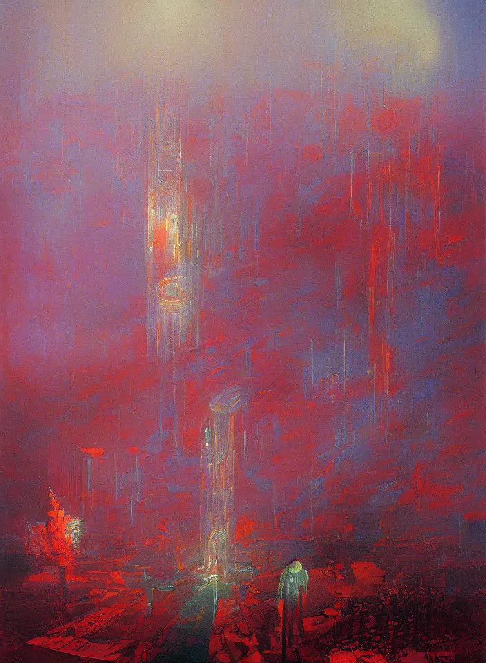 Image similar to the blind liberty of the few, red and purple palette, volume light, fog, by wayne thiebaud by ( h. r. giger ) and paul lehr