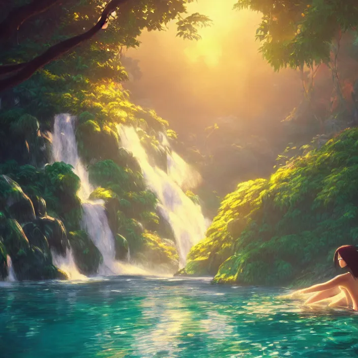 Image similar to an epic makoto shinkai and renoir landscape with a hawaiian waterfall, golden hour, 🌺, ultra smooth, octane render, lois van baarle, ilya kuvshinov