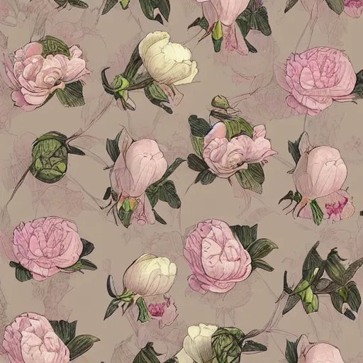 Prompt: pale pastel yellow peonies by james jean, round buds, illustration