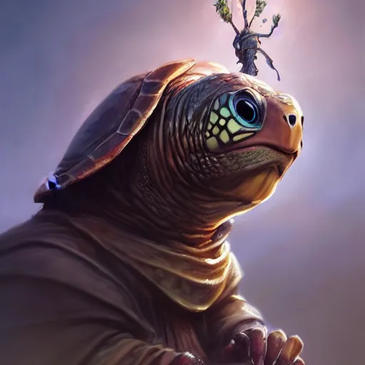 Image similar to cute wise sage turtle holding a staff, wearing a cloak, subsurface scattering, by jesper ejsing, justin gerard, tomasz alen kopera, cgsociety and fenghua zhong, highly detailed, rim light, cinematic lighting, illustration, art, octane render, very coherent, cinematic, hyper realism, high detail, octane render, 8 k