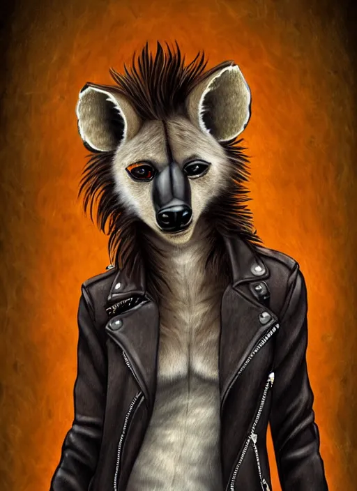 Image similar to award winning beautiful portrait commission of a female furry anthro hyena fursona with a bushy tail and a leather jacket, in a rock bar!!, cute, beautiful, attractive, detailed,