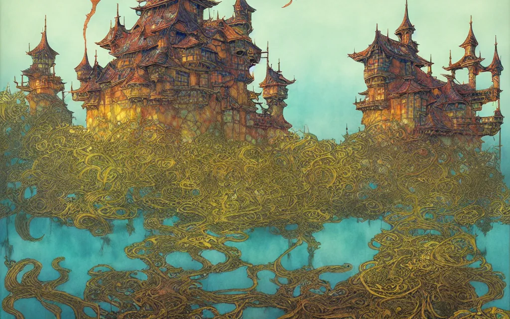 Prompt: a castle by the lake, brian froud, yoshitaka amano, kim keever, victo ngai, james jean. bright colors. shin - hanga