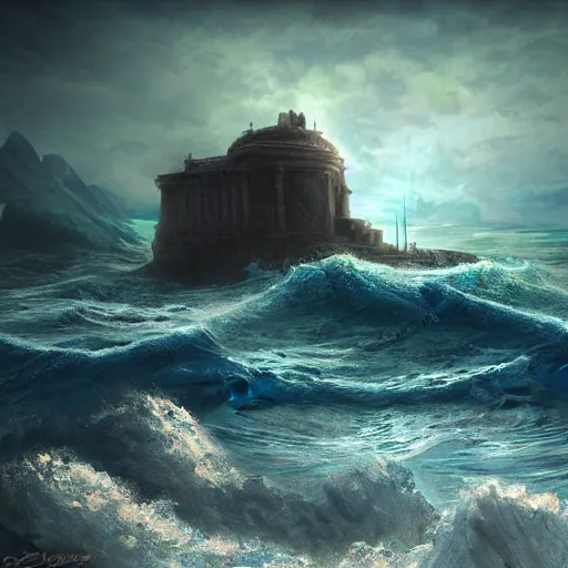 Image similar to Poseidon, the god of the sea, matte painting, photorealistic, dark colors