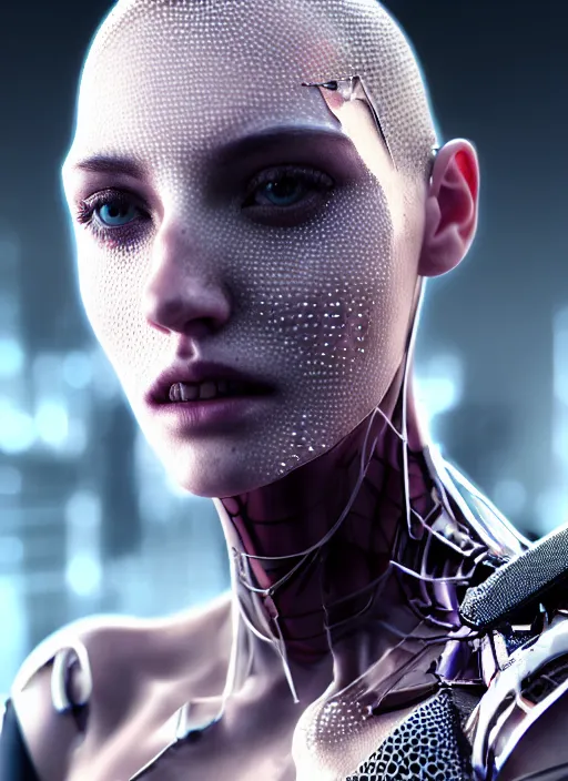 Image similar to 3 / 4 portrait, emma thorpe, crown, transparent skin, futuristic clothing, visible muscle, id magazine, hyperrealism, detailed textures, photorealistic, 3 d cyberpunk apocalyptic city, ultra realistic, cinematic, intricate, cinematic light, unreal engine 8 k, octane render, unreal engine, david kostic, artgerm