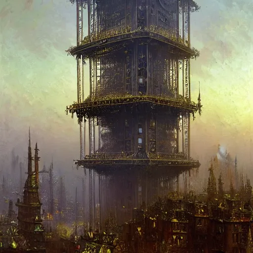 Prompt: painting of a steel skyscraper made of steel, filigree ornaments, andreas achenbach, ian mcque