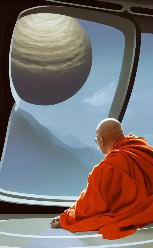 Prompt: portrait of a blind monk in a spaceship, looking out the window at a planet, orange robe, dramatic lighting, artstation, matte painting, ralph mcquarrie