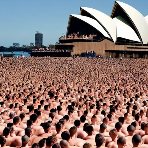 Prompt: spencer tunick photograph of large group of blobfish on the sydney opera house foreshore