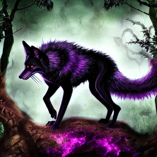 Image similar to feral chimera of a black fox and black dragon, with purple eyes, fantasy forest background, digital art