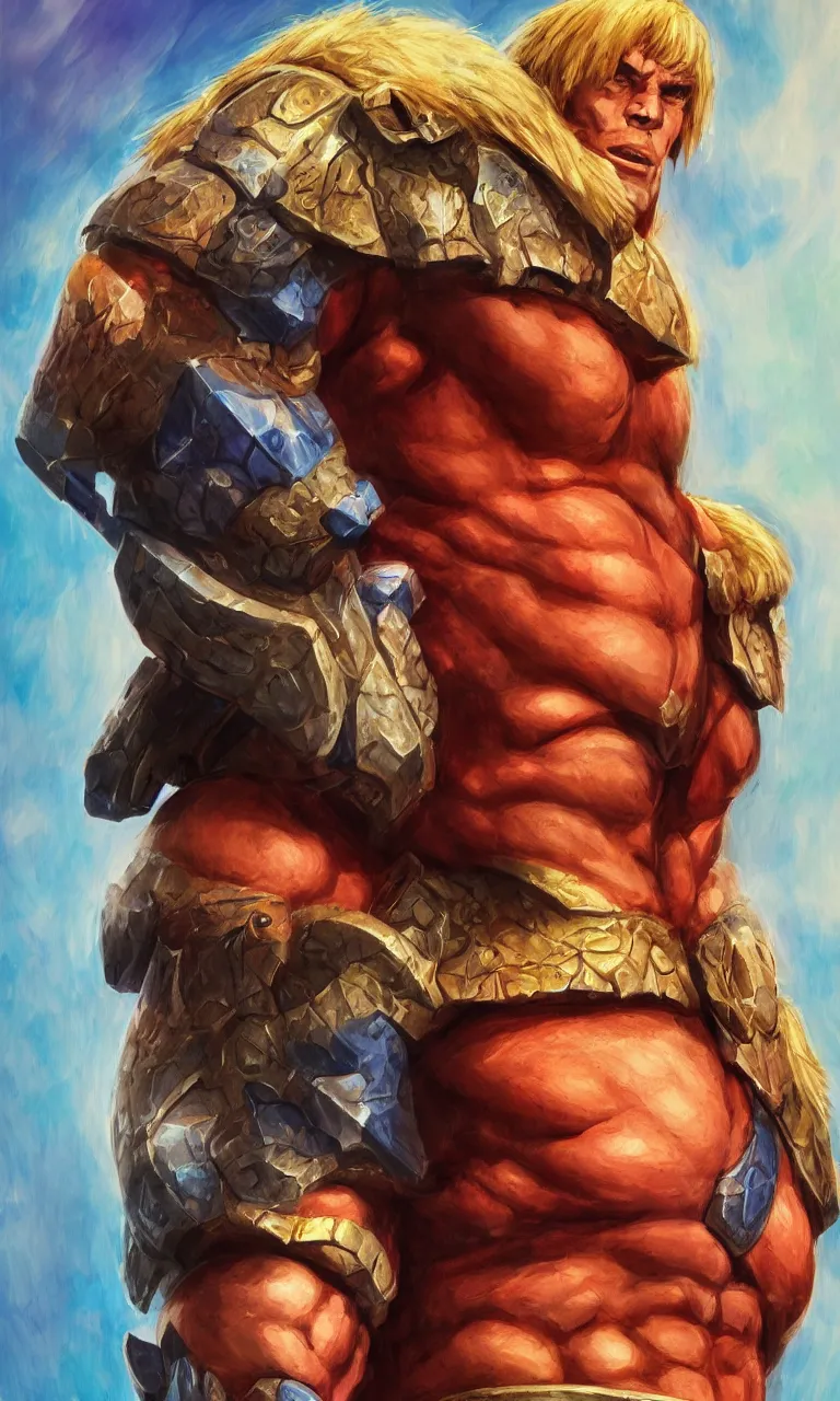 Image similar to hyper realistic half body portrait of heman, vivid color scheme