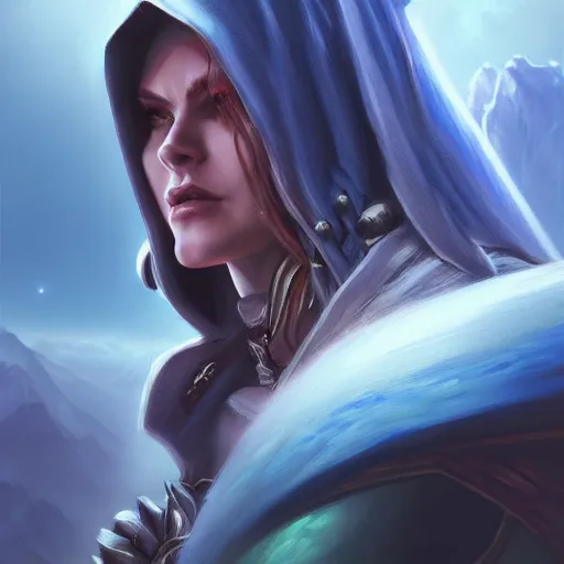 Image similar to hyperrealist portrait of sylvanas windrunner on a blue planet. by bayard wu, fantasy art, photo realistic, dynamic lighting, trending on artstation, poster, volumetric lighting, very detailed faces, 4 k, award winning