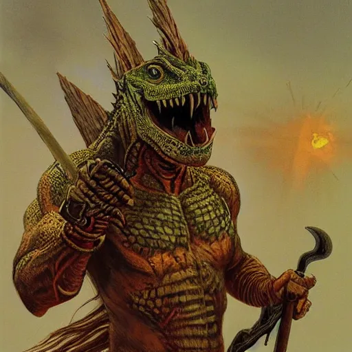 Image similar to tribal lizardman warrior concept, wielding aztec club, beksinski