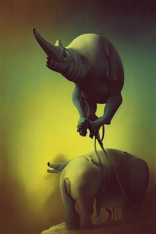 Image similar to painting of cross between parrot & rhino, intercrossed animal, by zdzislaw beksinski, by tiffany bozic, cold hue's, warm tone gradient background, concept art, beautiful composition, digital painting,