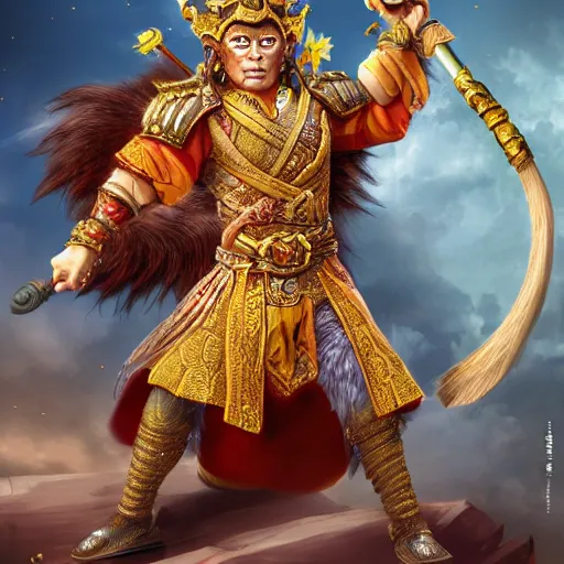 Prompt: a fantasy game portrait of the monkey king. the monkey king has a determined expression and is holding a golden staff. highly detailed and trending on art station.