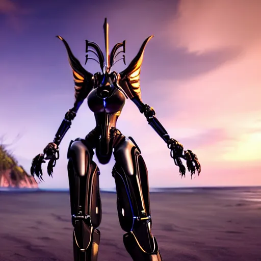 Image similar to looking up at a highly detailed 300 foot tall giant exquisite beautiful female warframe, as an anthropomorphic robot dragon, posing elegantly over your tiny form, camera on the ground, at the beach on a sunset, sleek streamlined design, streamlined matte black armor, sharp detailed claws, detailed sharp robot dragon feet, giantess shot, upward shot, ground view shot, front shot, cinematic shot, high quality warframe fanart, captura, realistic, professional digital art, high end digital art, furry art, giantess art, anthro art, DeviantArt, artstation, Furaffinity, 8k HD render, epic lighting