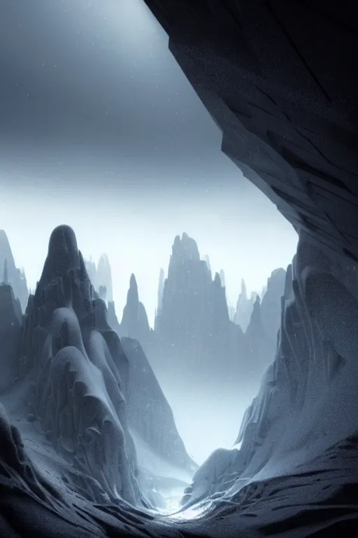 Prompt: futuristic atmosphere in the snowy mountains dolomites 3 d concept art, cinematic lighting, mouth of a cave, rule of thirds, depth of field, intricate details, building by zaha hadid, stormy weather, emissary space by arthur haas and bruce pennington and john schoenherr, cinematic matte painting, dark moody monochrome colors, trending on artstation, featured on behance