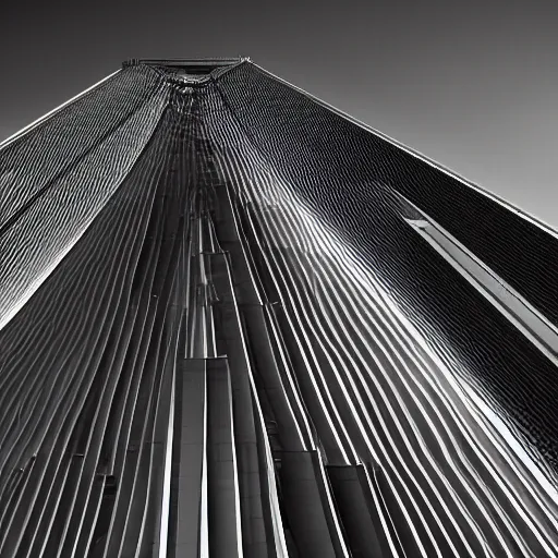 Prompt: architecture photograph in black and white of a norman foster building