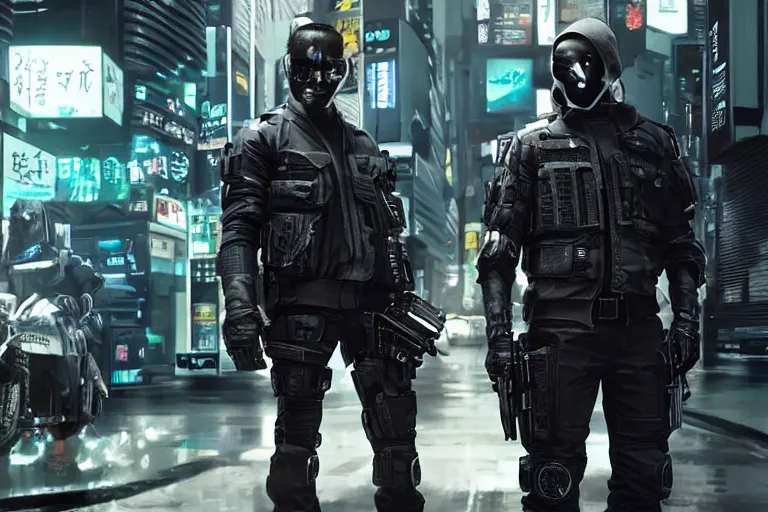 Image similar to movie diverse interracial team of Japanese sci-fi futuristic robbers armed with rifles interior clean futuristic tactical van, cyberpunk city, beautiful skin, Symmetrical faces. natural lighting by Emmanuel Lubezki