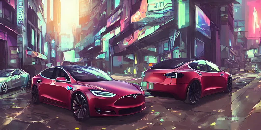 Image similar to tesla car in a city street, cyberpunk, anime, highly detailed