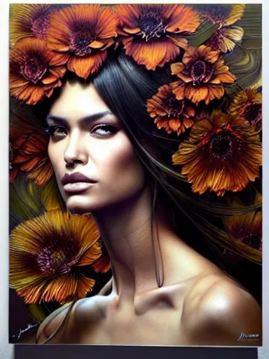 Image similar to a portrait of latina supermodel with a floral background by karol bak, artgerm, moebius, yoji shinkawa : : portrait, illustration, photorealism, hyperrealism