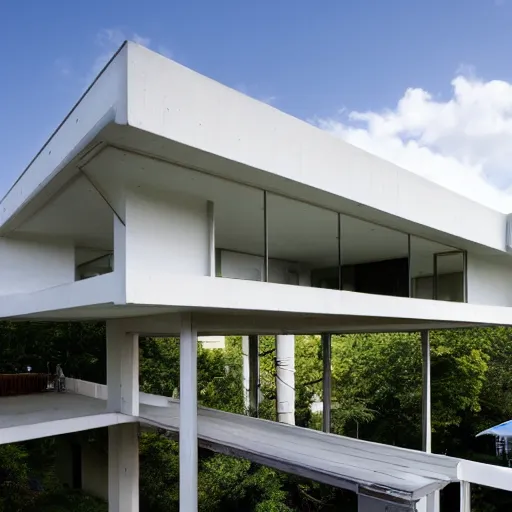 Image similar to second story cantilevered white brutalist elevated home on top of 2 large oblong piers