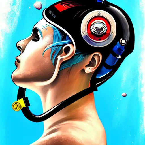 Image similar to a profile photo of a diver with diving helmet with tattoos on arm and neck, side profile in underwater, highly detailed, digital painting, artstation, sharp focus, illustration by Sandra Chevrier