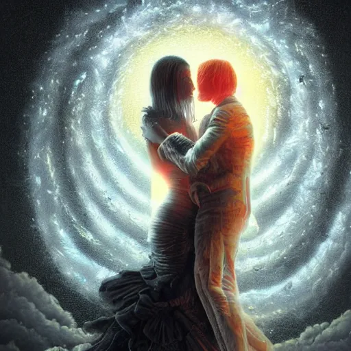 Prompt: hyper detailed trending on artstation digital art vintage painting of woman and man embracing the burning cosmos of light and love created with a dark atmosphere in a gothic macabre haute couture look and bespoke feel hd 3 d