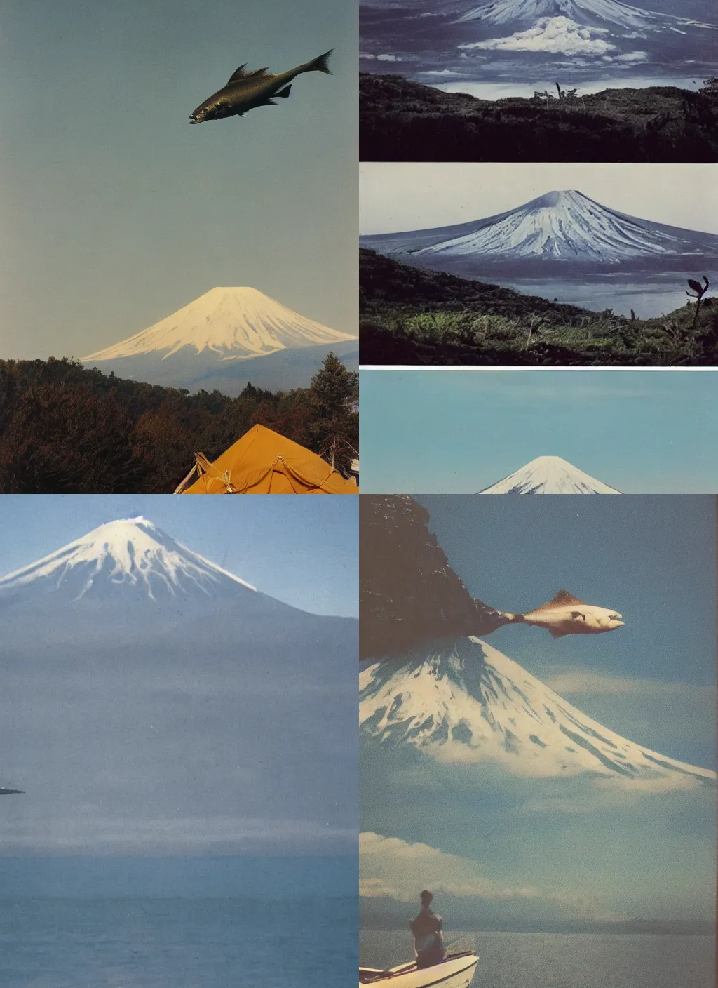 Prompt: An analog color photography of a gigantic fish hovering over mount fuji. cinematic.