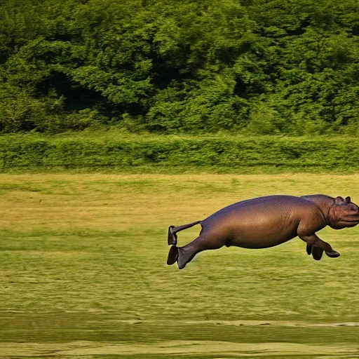 Prompt: a hippopotamus flying over a field, award winning photography