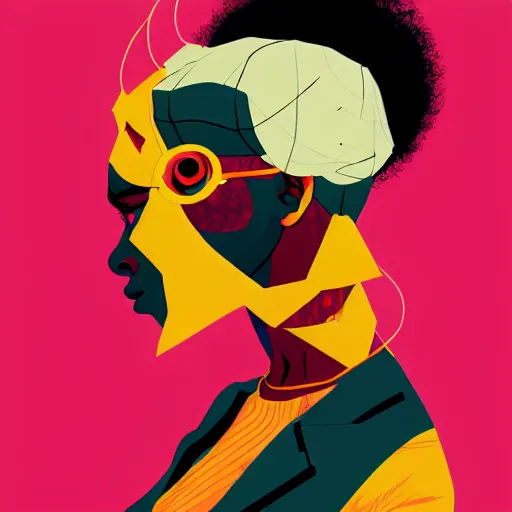 Image similar to Sachin Teng illustration of an afropunk female villain character, medium shot, asymmetrical, profile picture, outlines, rich colours, , trending on artstation, by Sachin Teng