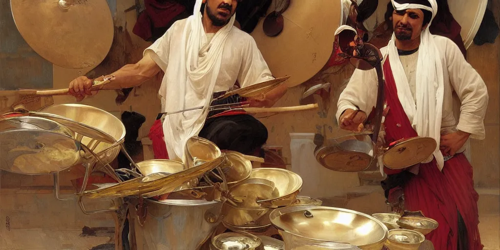 Image similar to a middle eastern drummer playing a drumset, the cymbals are replaced by dishes, elegant, highly detailed, digital painting, artstation, concept art, smooth, sharp focus, illustration, art by artgerm and greg rutkowski and alphonse mucha and william - adolphe bouguereau