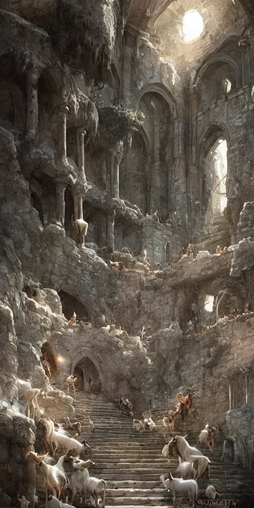 Image similar to a herd of goats!! climbing stairs in a beautiful fantasy castle made from white stone and bright copper, medieval city, metropolis, magic, tall towers, sunlight, white marble, god rays, digital art, landscape, fantasy art, octane render, unreal engine, high detail, very realistic, by greg rutkowski. by james gurney