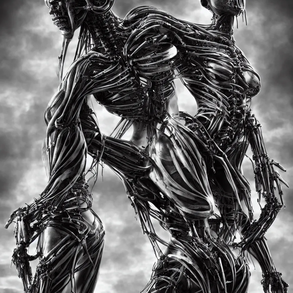 Image similar to a beautiful female is infected with a biomechanical suit, octane render, hyper realistic, art by hr giger and alvin schwartz, black and white, full body, epic angle