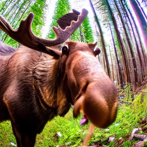 Image similar to close - up fisheye photo of a moose sniffing the camera