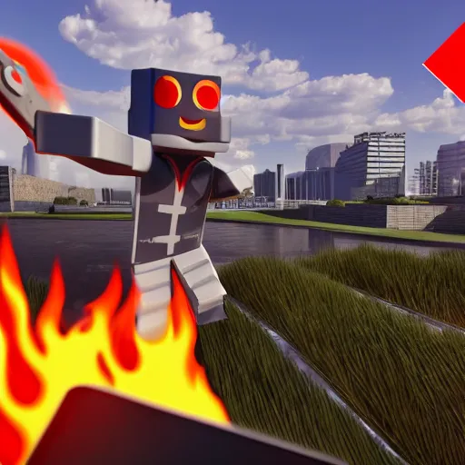 Image similar to roblox servers on fire, 3 d render, super realistic, unreal engine 1 0