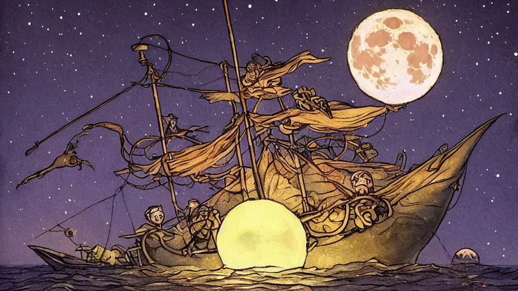 Image similar to a large!! surfacing!!! anglerfish!!!!! meets a lantern!! - holding!!!!! sailor!! on a ( sloop ), ( background with large full moon and purple sky ), in the styles of tom coletti, jorge jacinto, and thomas veyrat intricate, accurate details