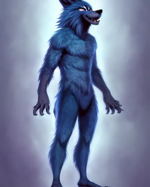 Image similar to character concept art, cute adult male anthropomorphic furry, cute fine face, darkblue werewolf, pants, pretty face, key visual, long human lightblue hair, realistic shaded furry face, fine details by stanley artgerm lau, wlop, rossdraws, james jean, andrei riabovitchev, marc simonetti, and sakimichan