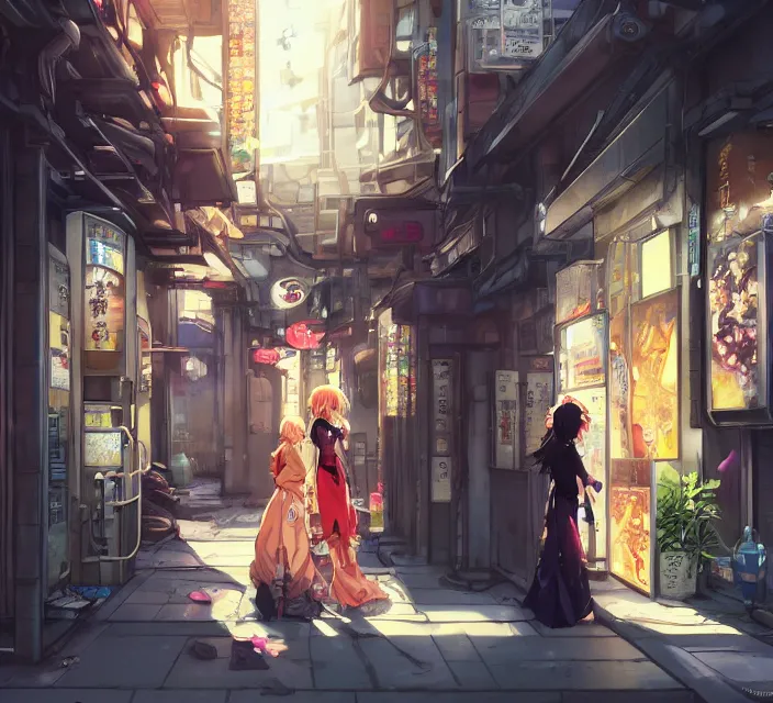 Image similar to Two beautiful anime women, standing in front of a vending machine outside of a Japanese convenience store, in a narrow Tokyo alleyway, gorgeous sunlight and shadows, D&D, fantasy, highly detailed, digital painting, artstation, concept art, sharp focus, illustration, in style of GUWEIZ and WLOP and NIXEU and Craig Mullins