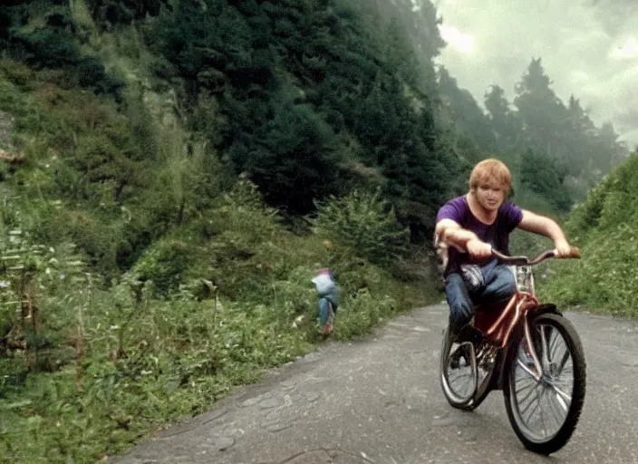 Image similar to film still of thanos riding a small childrens bike down a steep mountain road in the goonies 1 9 8 5