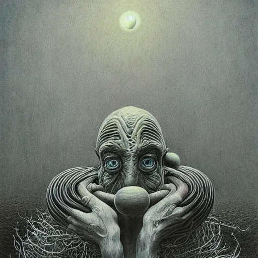 Image similar to a hyperrealistic brightly colored painting of a psychedelic alien nightmare, by john kenn mortensen and zdzislaw beksinski and alex grey, highly detailed, vivid color,