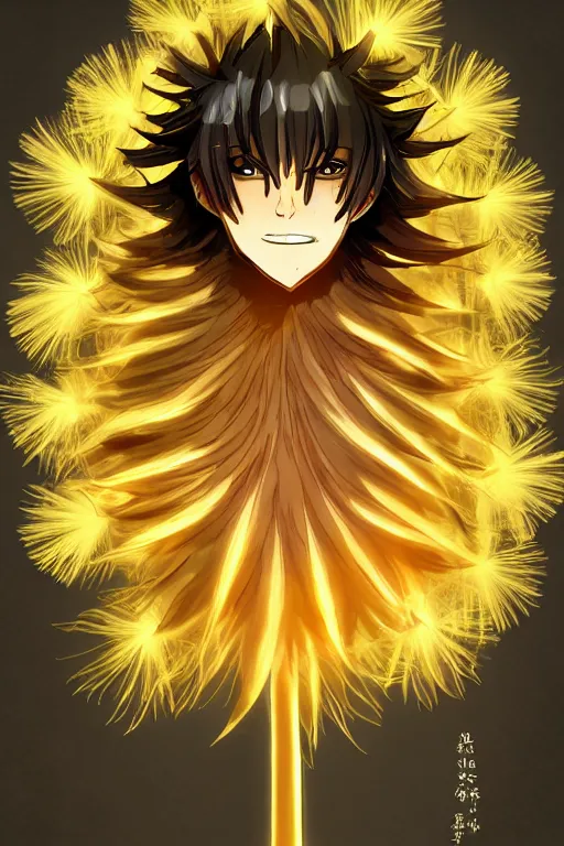 Prompt: golden glowing luminescent dandelion male anime character, symmetrical, highly detailed, digital art, sharp focus, trending on art station, amber eyes, fire colours